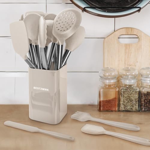 Kitchen Utensil Set-Silicone Cooking Utensils-33 Kitchen Gadgets & Spoons for Nonstick Cookware-Silicone and Stainless Steel Spatula Set-Best Kitchen Tools, Useful Pots (Khaki) - color: Khaki