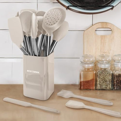 Kitchen Utensil Set-Silicone Cooking Utensils-33 Kitchen Gadgets & Spoons for Nonstick Cookware-Silicone and Stainless Steel Spatula Set-Best Kitchen Tools, Useful Pots (Khaki) - color: Khaki