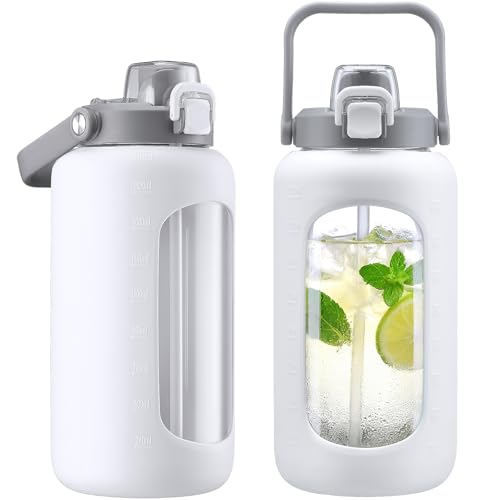 72oz Glass Water Bottle with 2-IN-1 Straw &Chug Lid, Large Motivational Glass Bottle with Capacity Marker and Silicone Sleeve, 2.1Liter Gallon Water Jug for Home, Sports, Gym, BPA Free-White - color: White