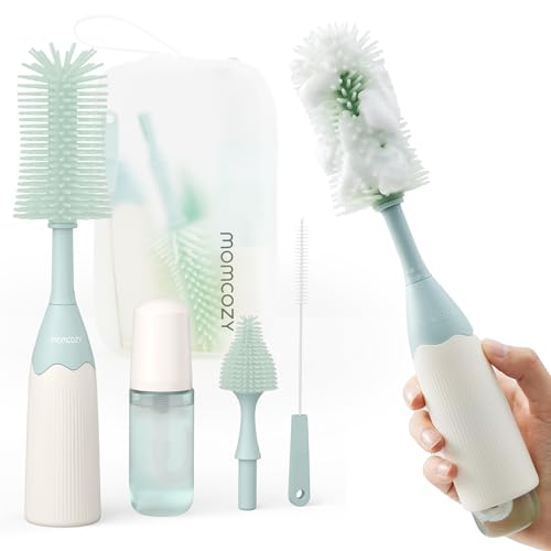 Momcozy Bottle Brush Kit with Push-Press Foam Design - Newborn Essentials Gift, Portable Cleaning Tool for Home & Travel, Baby Bottle Cleaner Brush for Breast Pumps & Nipples, Green - color: Green, size: Press Bubble Style