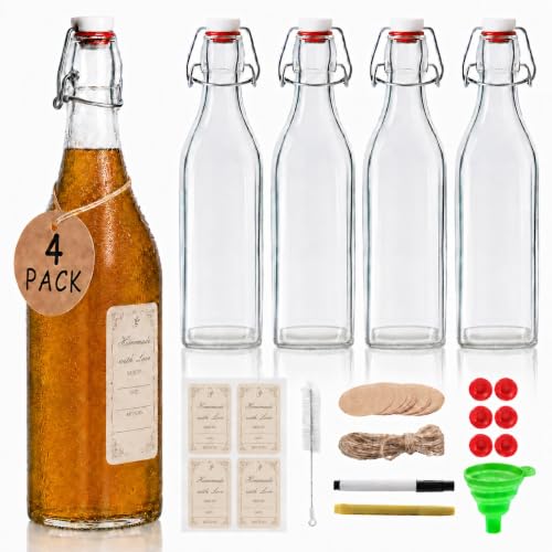 Ruckae Square Swing Top Glass Bottles with Lids Kombucha Coquito Flip Top Glass Bottle for Syrup Vanilla Extract Brew Beer Kefir Air Tight Bottles for Gift (32 oz 4 pack) - size: 32 oz 4 pack