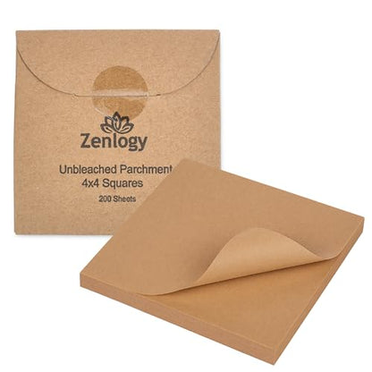 Zenlogy 4x4 Small Parchment Paper Squares (200 sheets) - Unbleached, Non-stick, Pre-cut Parchment Paper - Ideal for Candy Wrappers, Liner Paper, Freezing and Storing, Separating, and Diamond Painting - size: 4x4 - 200 Sheets
