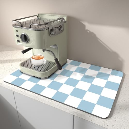Dish Drying Mat for Kitchen Counter, 12" x 20" Checkered Coffee Bar Mat for Espresso Machine, Stain-Resistant Countertop Protector, Non-Slip Rubber Back Drying Pad for Coffee Maker, Blue & White - color: Blue & White, size: 12" x 20"