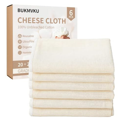 Cheese Cloths 6Pcs, Reusable Unbleached 100% Cotton 20"x20", Washable Organic Cheesecloth With Hemmed Edge, Fine Mesh Food Strainer For Turkey, Juicing, Cheese, Yogurt Making