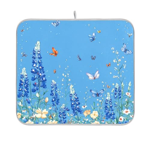 Bluebonnet Birds and Butterflies Dish Drying Mat for Kitchen Counter Kitchen Drying Mat Dish Rack Mat Dish Drainer Pad Microfiber Absorbent Washable Drying Pad for Countertop 16 x 18 - color: Bluebonnet Birds and Butterflies, size: 16'' x 18''