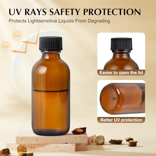 Small Glass Bottles with Lids Boston Round Shot Bottles for Health, Immunity, Ginger Juice, Essential Oils, Potion - Leak Proof Mini Travel Containers (Amber UV, 2oz-24Pack) - color: Amber UV, size: 2oz-24Pack