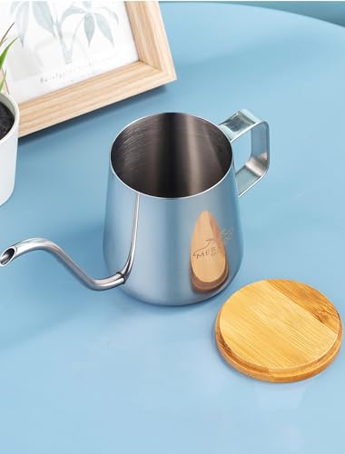 MERMOO YILAN Pour Over Coffee Kettle with Wooden Lid 12oz Coffee Maker | 304 Stainless Steel|Stovetop Coffee Pot |Gooseneck Pouring Kettle|Dishwasher Safe|for Camping,Home,Travel,Office - color: Silver