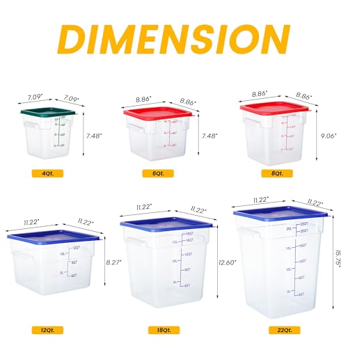 BIEAMA 4 Pack Food Storage Containers, 12 Quart with Lids, Square Commercial Containers with Scale, NSF, Polycarbonate, Clear - color: 12Qt-4 Pack(Blue Lids)