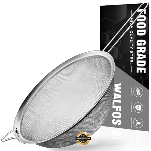 Walfos 8.6 Inch Large Fine Mesh Strainer, Kitchen Metal Food Strainers with Sturdy Handle, Stainless Steel 30 Mesh Sieve Sifters for Rice, Quinoa, Pasta, Fruits, Vegetables, etc. - size: 8.6"