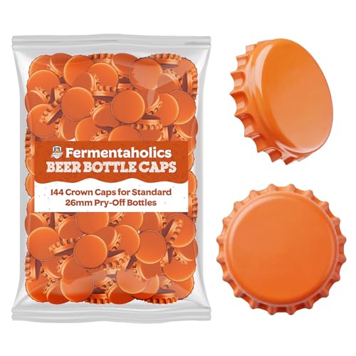 Fermentaholics Orange Beer Bottle Caps - 144 Count Oxygen Absorbing Bottle Lids – 26mm Crown Caps for Homebrewing Beer, Cider, Soda, DIY Crafts and more – Fits Standard American Pry-Off Bottles