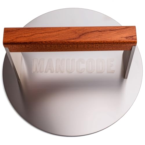 Smash Burger Press 8 Inch, 3.1 Lb Burger Smasher, Heatable for Searing Panini, Steak, Chicken, Salmon, Stainless Steel Bacon Press, Flat Bottom, Seasoning Free, Wooden Handle No Spin - size: 8"