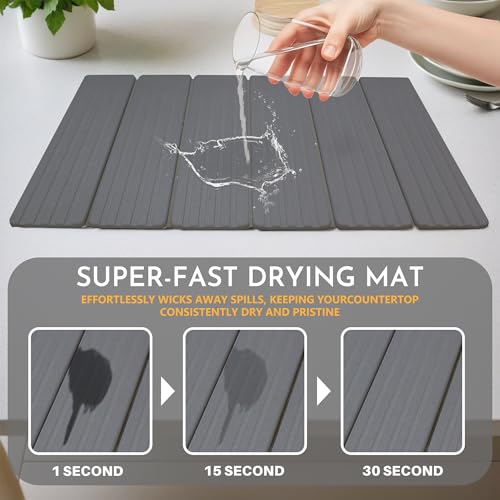 Large Stone Dish Drying Mat for Kitchen Counter, 23" × 15" Quick Dry Stone Mat, Collapsible Fast Absorbing Diatomaceous Earth Non-Slip Dish Drying Pad for Dishes & Cups (Dark Gray‌, 23" × 15") - color: Dark Gray‌