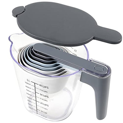 Stackable 10-Piece Measuring Cups and Spoons Set with Lids | BPA-free & dishwasher safe. Kitchen gadgets for cooking & baking. Dust-proof nested utensils for dry or liquid food. - color: 10 Piece - Grey and Blue