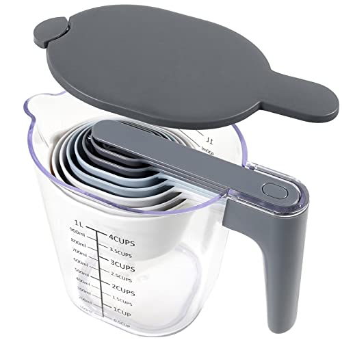 Stackable 10-Piece Measuring Cups and Spoons Set with Lids | BPA-free & dishwasher safe. Kitchen gadgets for cooking & baking. Dust-proof nested utensils for dry or liquid food. - color: 10 Piece - Grey and Blue