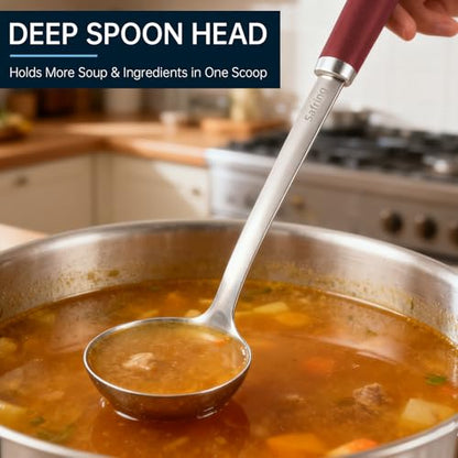 Safring Stainless Steel Soup Ladle and Spaghetti Spoon Set, Heat Resistant Rubber Handle, Dishwasher Safe, Kitchen Utensils for Cooking, Stirring, Serving Pasta, Soup & Sauce (Red) - color: Red
