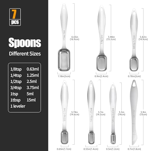 18/8 Stainless Steel Measuring Spoons: Doosu Heavy Duty Rectangular Spoon Square Teaspoon Tablespoon Scoop with Slim Long Handle in Narrow Spice Jar for Kitchen Baking Cooking (Set of 7 with Leveler) - size: Set of 7 with Leveler