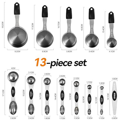 -BINGBING- Magnetic Measuring Cups and Spoons Set of 13, Stainless Steel | 5 Magnetic Cups and 8 Double-Sided Spoons with Leveler, Stackable, Kitchen Gadgets for Cooking and Baking
