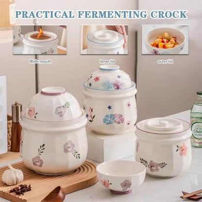 Pastoral Series Modern Pickle Jars, Traditional Water Seal Fermentation Crock, Hand-Painted Kitchen Kimchi Jar, Cherry Blossom/Purple Daylily Pattern(A)