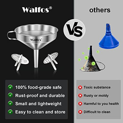 Stainless Steel Funnel, Walfos Kitchen Funnel with 2 Removable Strainer ＆ 1Pc Cleaning Brush, Perfect for Transferring of Liquid, Oils, Jam, Dry Ingredients & Powder (4.1") - color: 1pcs funnel 4.1 inch