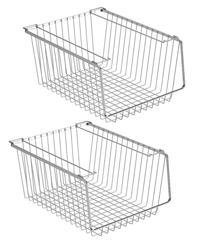 Wire Storage Baskets Stackable Organizer Basket Bins Stacking Household Wire Baskets with Handles Storage Organization for Kitchen, Pantry, Bathroom, Cabinets, Closets, Bedrooms, Set of 2 - color: 2 PACK, size: 10.6''L x 14''W