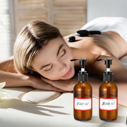 Fumete 2 Pack Glass Bottles 4oz Empty Refillable Liquid Containers with 1 Label 1 Funnel for Essential Oils Hair Travel Plants Cleaning Skin Care(Amber, Black Top,Pump Bottle) - color: Amber, Black Top, style: Pump Bottle