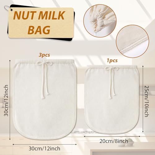 4Pcs Cheese Cloth Bag for Straining, Unbleached Cotton Nut Milk Bag Reusable 80 Mesh Muslin Strainer Bags for Straining Fruit Juice, Yogurt, Coffee(3 of 12 x 12Inch, 1 of 8 x 10Inch)