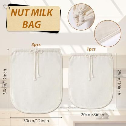 4Pcs Cheese Cloth Bag for Straining, Unbleached Cotton Nut Milk Bag Reusable 80 Mesh Muslin Strainer Bags for Straining Fruit Juice, Yogurt, Coffee(3 of 12 x 12Inch, 1 of 8 x 10Inch)