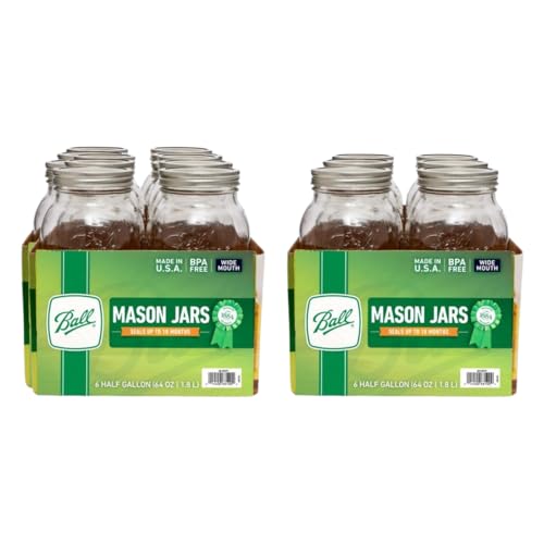 Ball Wide Mouth Half Gallon 64 Oz Jars with Lids and Bands, Set of 6 (2 Pack), WM), Clear - color: Half Gallon, size: 64 Ounce (Pack of 12)