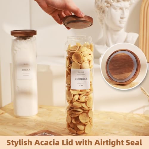 3 Pack Glass Canisters with Airtight Acacia Lids and 132 Kitchen Pantey Labels Preprint - 51 Fl Oz Borosilicate Glass Pantry Storage Jars Containers with Wooden Lids for Pasta,Spaghetti,Cereal,Noodles - size: 51oz-3 Pack