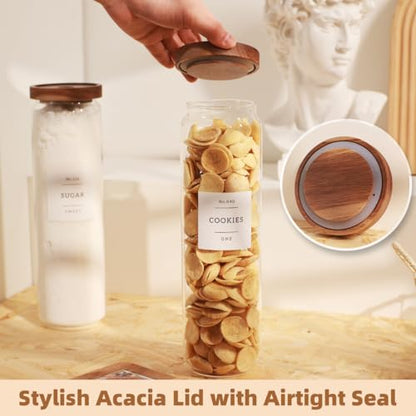 3 Pack Glass Canisters with Airtight Acacia Lids and 132 Kitchen Pantey Labels Preprint - 51 Fl Oz Borosilicate Glass Pantry Storage Jars Containers with Wooden Lids for Pasta,Spaghetti,Cereal,Noodles - size: 51oz-3 Pack