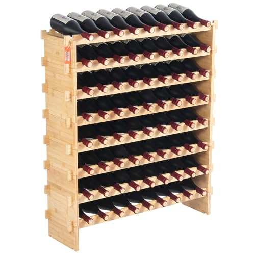 VEVOR 72 Bottle Upgrade Modular Wine Rack, Continuously Store Pinot Bottles, 8-Tier Bamboo Wood Storage Rack, Floor Freestanding Wines Holder Display Shelf, Wobble-Free Shelves for Kitchen Bar Cellar - color: Original Wooden Colour, size: 8-Tier 72 Bottle