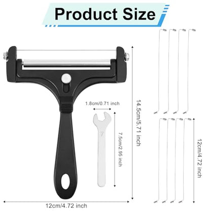 Cheese Slicer Kit, Stainless Steel Adjustable Thickness Iron Handheld Block Cheese Plane with 8 Extra Wires Charcuterie Cutter Curler Shaver Knife Board Accessories for Mozzarella Cheddar(Black)