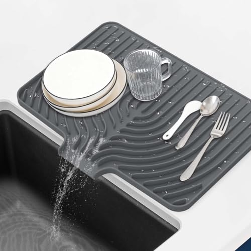 GUUKIN Silicone Dish Drying Mat,17.7" x 11.8 " Drying Matt Kitchen Counter, Dish Drying Rack Mat, Easy Clean Pad for Countertop Protection, Multi-Functional Use, Not applicable Bumps up sink (Grey) - color: Gray, size: 17.7" x11.8"