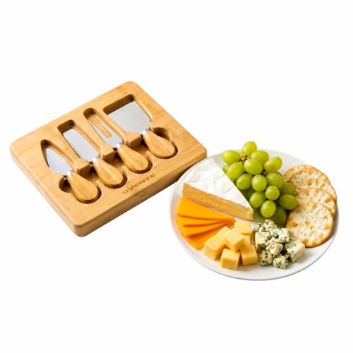 OVENTE 4 Piece Cheese Knife Set with Bamboo Handle & Wooden Case, Complete Stainless Steel Charcuterie Knives, Ideal Cheese Slicer, Spread & Butter Cutter for Party and Holiday Gift, Brown KCS5974B