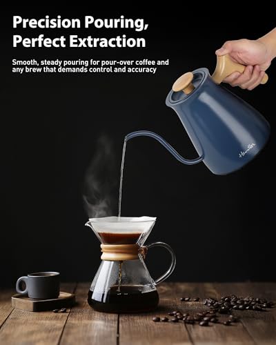 Harriet Gooseneck Electric Kettle - 1200W Fast Heat, 0.8L Stainless Steel, Precision Temp Control & Timer, Wood Handle, Pour Over Coffee and Tea, Blue - color: Blue