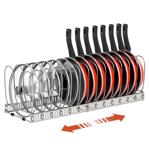 Housolution Pot and Pan Organizer Rack for Cabinet, Stainless Steel Expandable Pot Lid Organizer with 14 Adjustable Dividers, Pot and Pan Holder Rack Storage Organizer for Kitchen, Silver - color: Silver, size: 14 Dividers