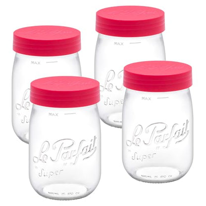Le Parfait Eco-Friendly Zero Waste Wide Mouth Glass Jar with Airtight Screw Top Lid – Reusable French Storage Jar for Food, Soup, Flour, Sugar, Canning & Baking (1L/32oz, 4 Pack, Raspberry) - color: 1L-Raspberry (Set/4)