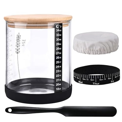 Sourdough Starter Jar Kit, 50 OZ Wide Mouth Sour Dough Starter Jar Glass | Jar for Sourdough Starter with Non-Slip Silicone Bottom,Date Marked Feeding Band,Thermometer Band,Cloth Cover & Bamboo Lid