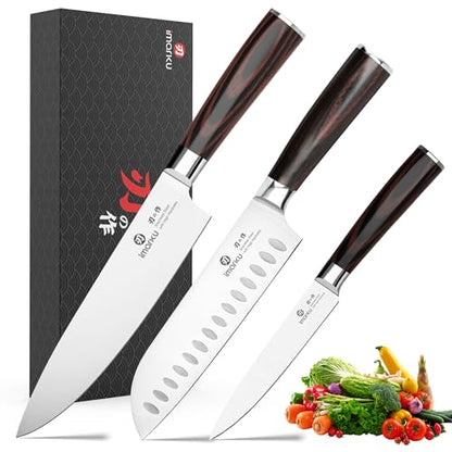 imarku 3 Pieces Knife Set, Japanese High Carbon Stainless Steel Chef Knife Set, Professional Chef Knives with Ergonomic Pakkawood Handle, Ultra Sharp Cooking Knives for Kitchen & Home Cooking - color: Red Brown