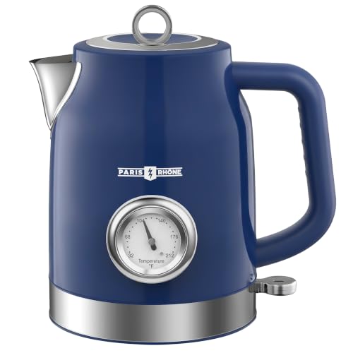 PARIS RHÔNE Retro Stainless Steel Electric Kettle, 1.7L Cordless Hot Water Tea Kettle with Thermometer, 1500W Fast Heating, LED Indicator, Auto Shut-Off & Boil Dry Protection