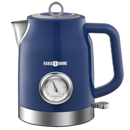 PARIS RHÔNE Retro Stainless Steel Electric Kettle, 1.7L Cordless Hot Water Tea Kettle with Thermometer, 1500W Fast Heating, LED Indicator, Auto Shut-Off & Boil Dry Protection
