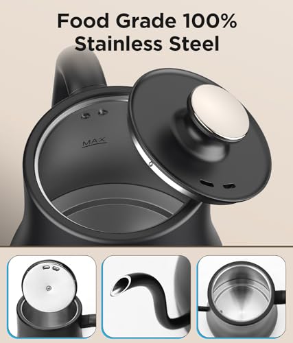 KOIOS Gooseneck Electric Kettle with ±1℉ Temperature Control & Mute Mode, 0.8L Pour Over Kettle for Coffee & Tea, 1200W Quick Heating Stainless Steel Water Boiler with 4Hrs Keep Warm, Matt Black