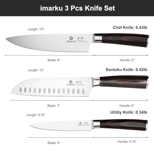 imarku 3 Pieces Knife Set, Japanese High Carbon Stainless Steel Chef Knife Set, Professional Chef Knives with Ergonomic Pakkawood Handle, Ultra Sharp Cooking Knives for Kitchen & Home Cooking - color: Red Brown