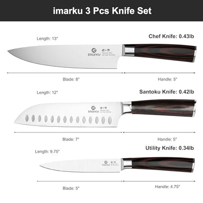 imarku 3 Pieces Knife Set, Japanese High Carbon Stainless Steel Chef Knife Set, Professional Chef Knives with Ergonomic Pakkawood Handle, Ultra Sharp Cooking Knives for Kitchen & Home Cooking - color: Red Brown