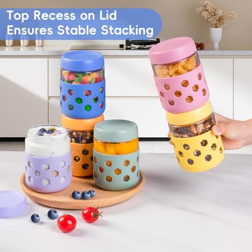 Gemice 6-Pack 16 oz Overnight Oats Containers with Lids and Silicone Sleeves, Glass Mason Jars with Airtight Lid, Dishwasher Safe, Wide Mouth Chia Seed Pudding Meal Prep Jar for Yogurt Berries Snack - color: Pastel Cream, size: 16oz, 6-Pack