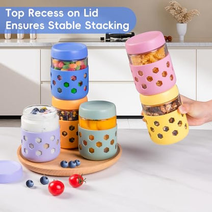 Gemice 6-Pack 16 oz Overnight Oats Containers with Lids and Silicone Sleeves, Glass Mason Jars with Airtight Lid, Dishwasher Safe, Wide Mouth Chia Seed Pudding Meal Prep Jar for Yogurt Berries Snack - color: Pastel Cream, size: 16oz, 6-Pack