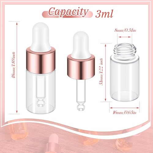 Didaey 200 Pcs 1/2/3/5/10/15 ml Mini Glass Oil Dropper Bottle Bulk, Clear Essential Small Empty Bottles Sample Containers Perfume Liquid Vials with Cap for Traveling (3 ml,Rose Gold) - color: Rose Gold, size: 3 ml
