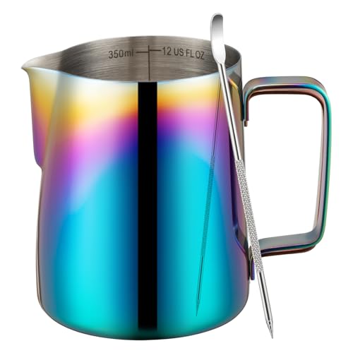 Amrules Milk Frothing Pitcher, 12 oz Milk Frother Cup with Clear Scale, 304 Stainless Steel Cappuccino Espresso Machine Accessories for Barista Coffee Bar with Latte Art Pen, Multicolor - color: Multicolor, size: 12 Ounces