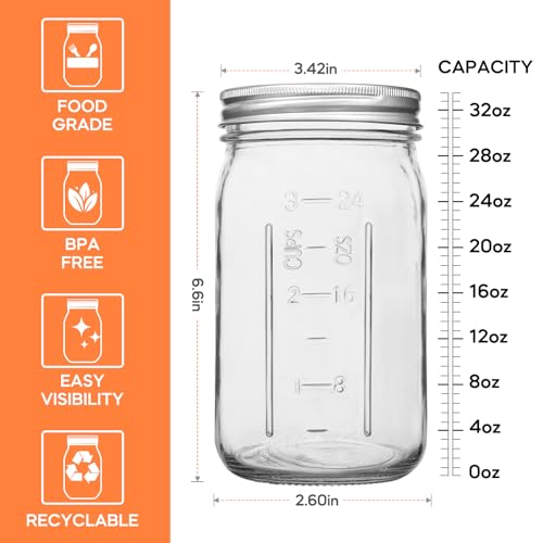 32 oz Wide Mouth Mason Jars 12 Pack, Airtight Lids with Bands | Clear glass, canning/preserving/jam/sauces/pickling, wedding favors/meal prep/DIY projects, reusable, quart size