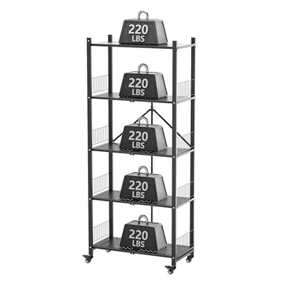 Heavy Duty Folding Shelves No Assembly, 5 Tier Metal Foldable Storage Shelves with Wheels, 220LBS Per Shelf Collapsible Rack for Garage Storage, Black - color: Black/5-tier